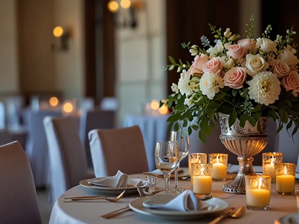 Elegant bröllopsdukning med blomsterarrangemang