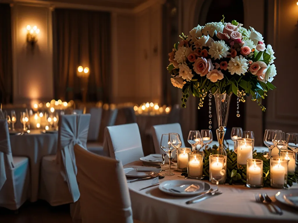 Elegant bröllopsdukning med blommor och stämningsfull belysning